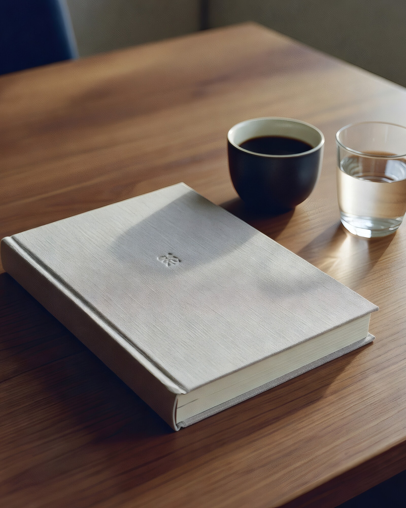 Journal na drewnianym biurku, obok filiżanka kawy i szklanka wody